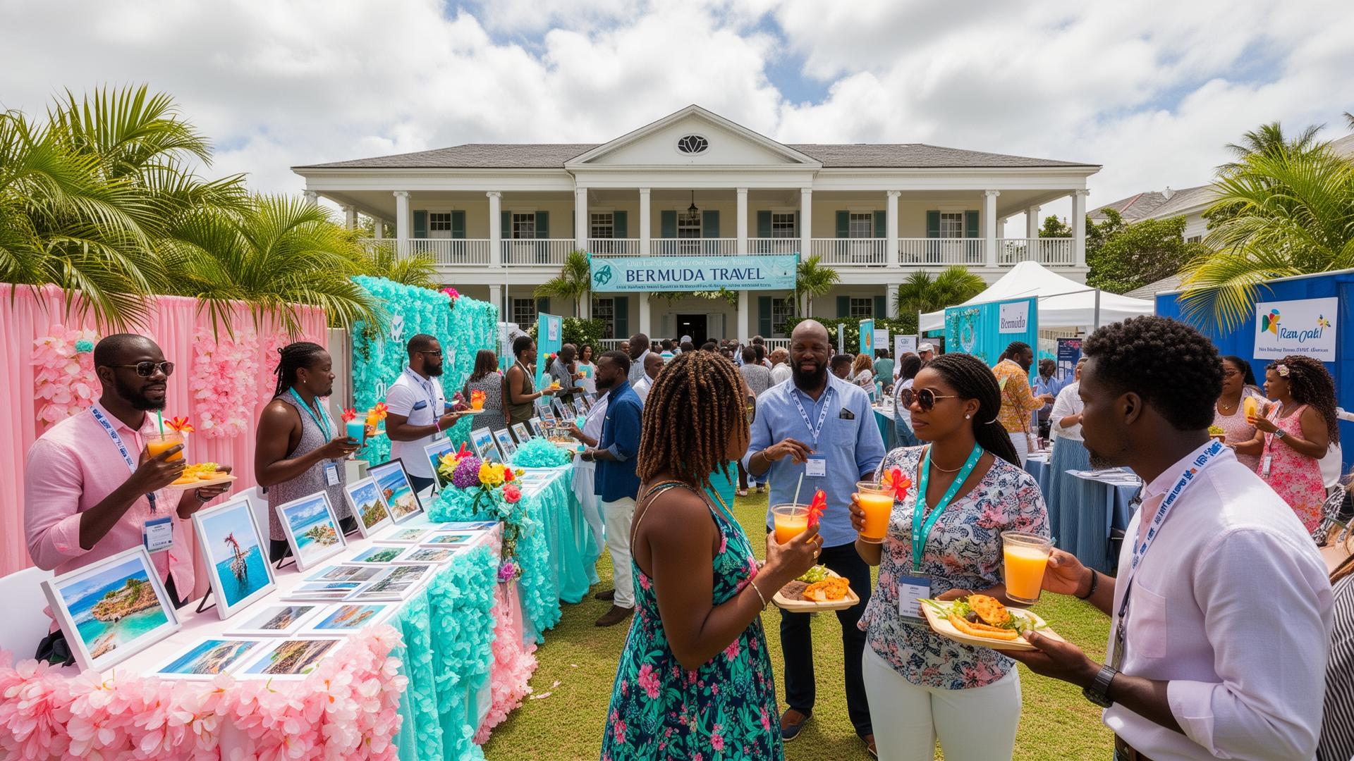 Outdoor Bermuda travel expo with attendees mingling at colorful booths