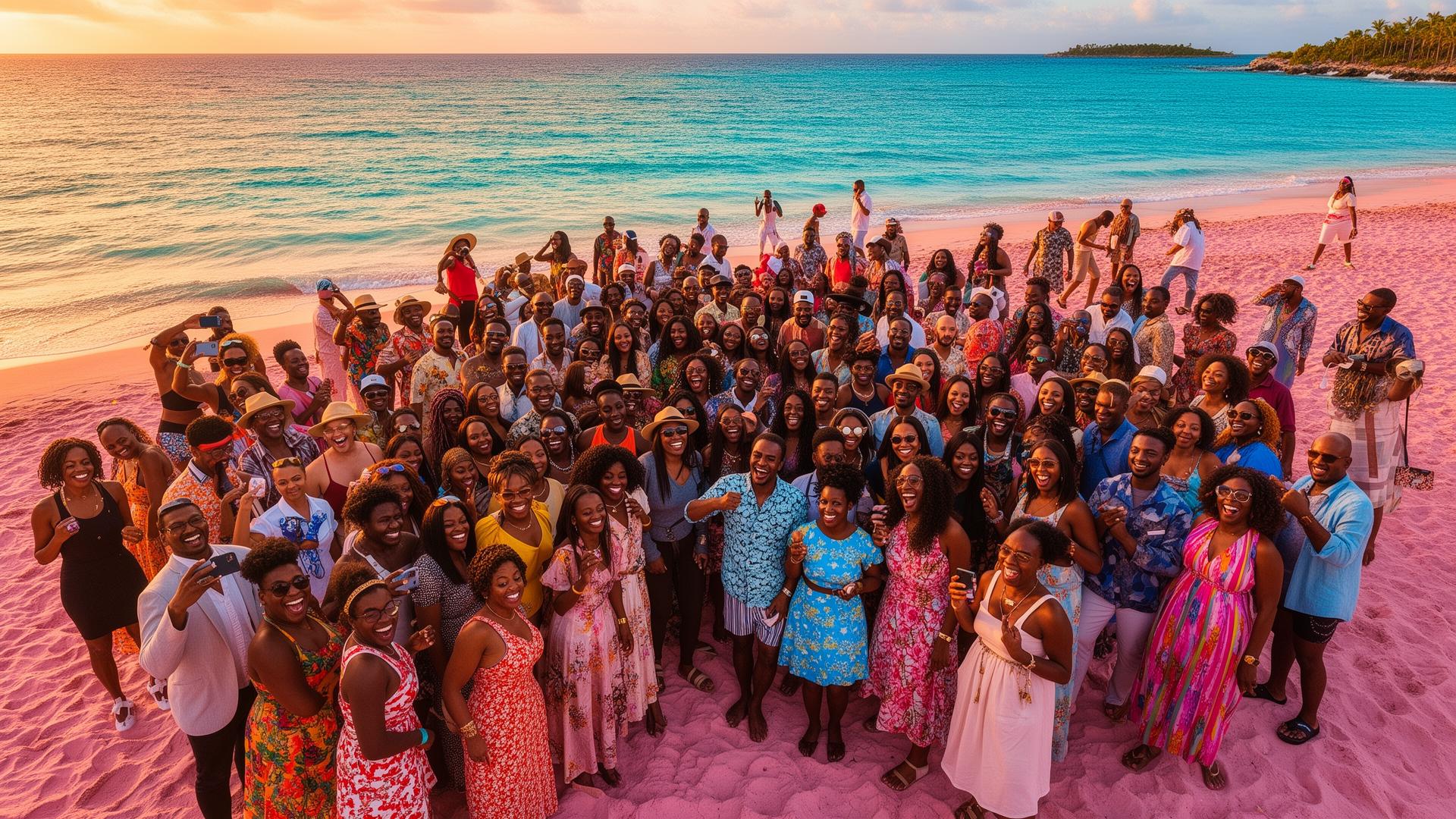 Group of travelers laughing together on a Bermuda pink sand beach at sunset