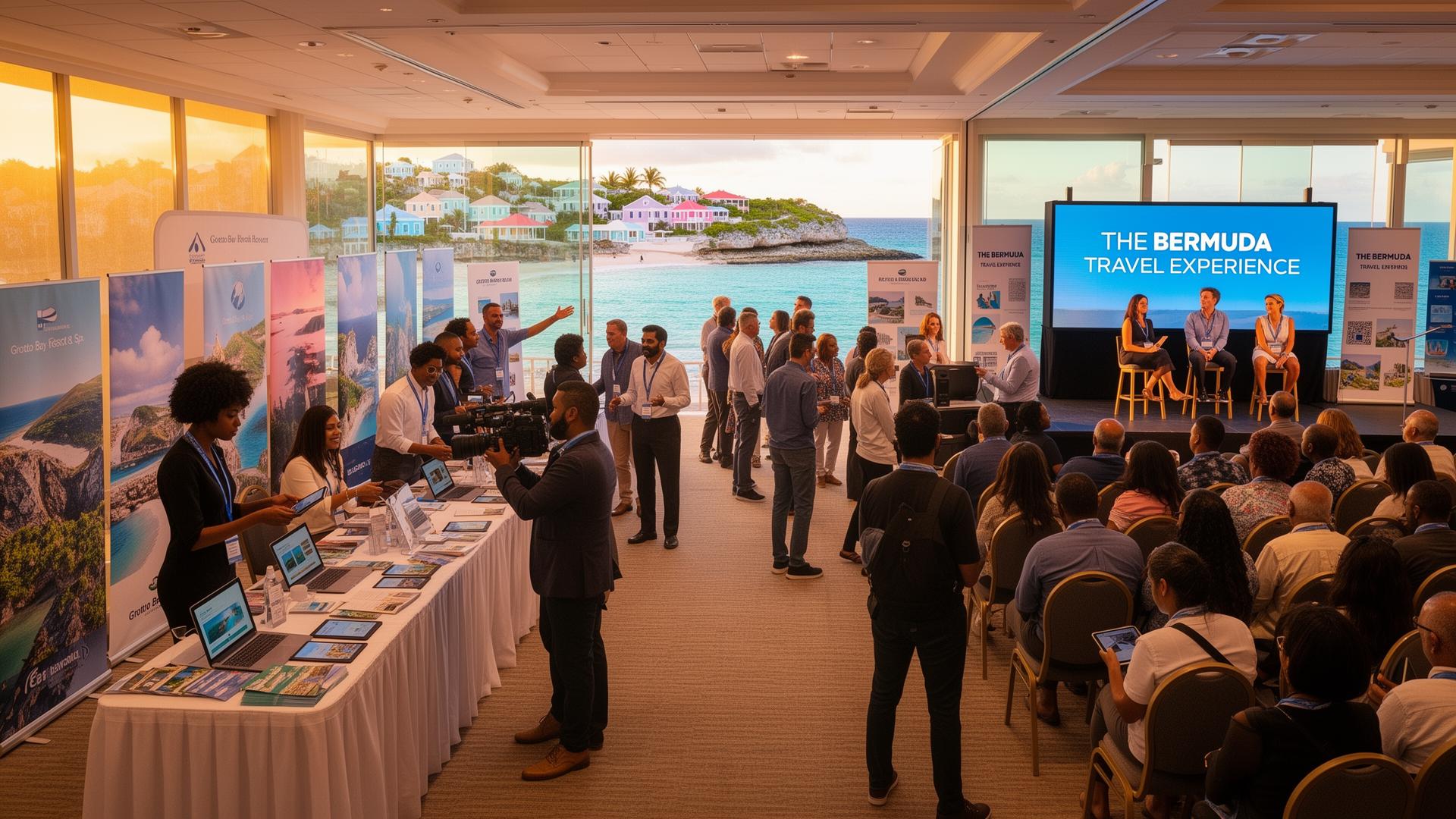 Travel expo and conference scene at Grotto Bay Beach Resort & Spa — exhibitor booths, panel stage, and networking with Bermuda's turquoise cove in view